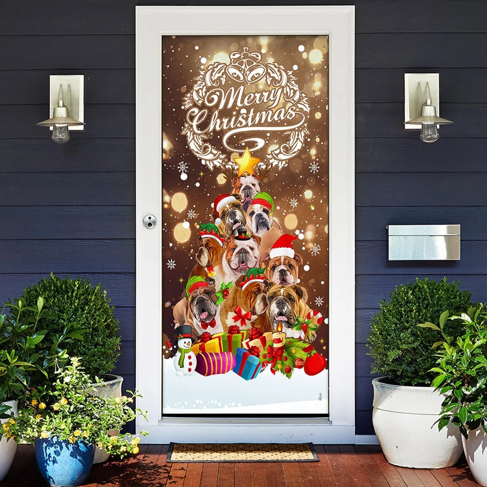 Bulldog Christmas Tree Door Cover - Merry Christmas - Front Door Christmas Cover - Christmas Outdoor Decoration
