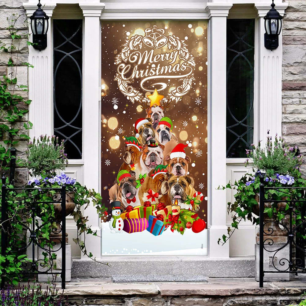 Bulldog Christmas Tree Door Cover - Merry Christmas - Front Door Christmas Cover - Christmas Outdoor Decoration
