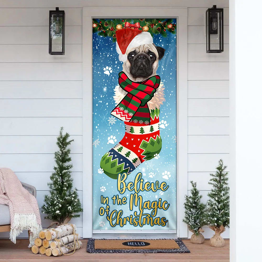 Bulldog In Sock Door Cover - Believe In The Magic Of Christmas Door Cover - Christmas Outdoor Decoration