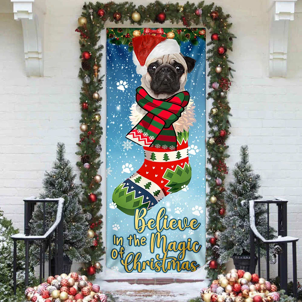 Bulldog In Sock Door Cover - Believe In The Magic Of Christmas Door Cover - Christmas Outdoor Decoration