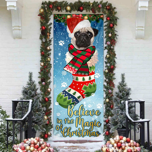 Bulldog In Sock Door Cover - Believe In The Magic Of Christmas Door Cover - Christmas Outdoor Decoration