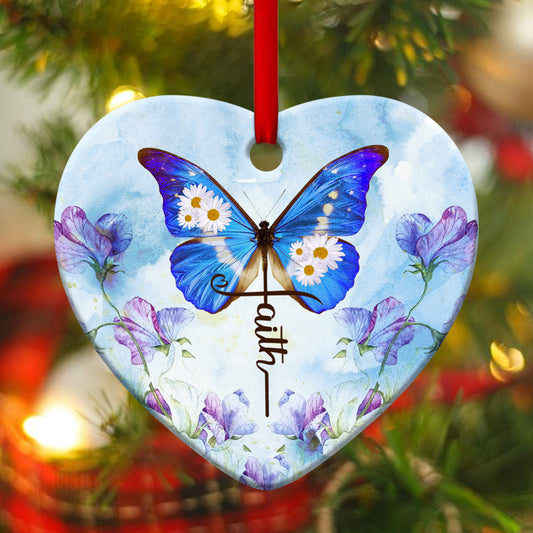 Butterfly And Flower Ceramic Heart Ornament - In Jesus, We Trust - Christian Gift For Friends