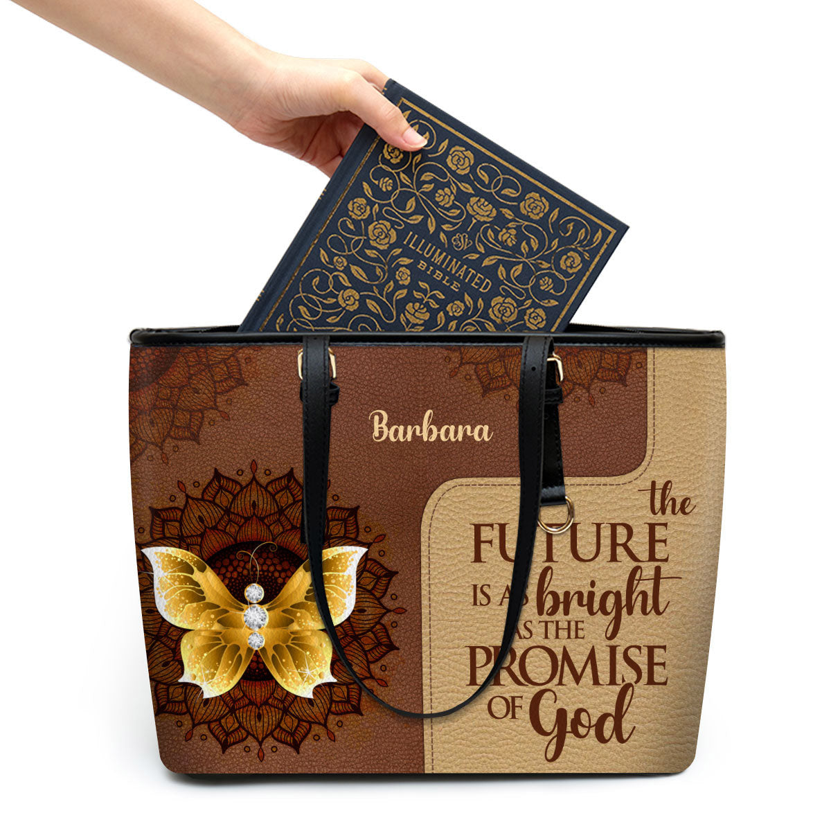 Butterfly And Flower The Future Is As Bright As The Promises Of God Personalized Large Leather Tote Bag - Christian Gifts For Women
