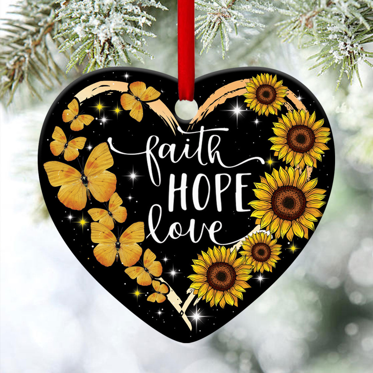 Butterfly And Sunflower Ceramic Heart Ornament - Believe In God - Christmas Decor - Funny Ornament