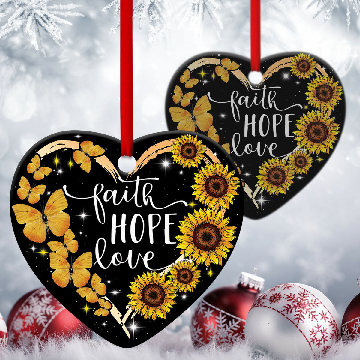 Butterfly And Sunflower Ceramic Heart Ornament - Believe In God - Christmas Decor - Funny Ornament