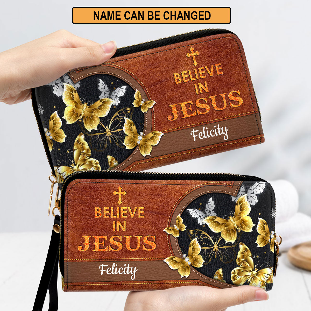 Butterfly Believe In Jesus Clutch Purse For Women - Personalized Name - Christian Gifts For Women