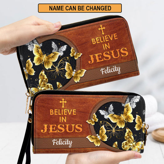 Butterfly Believe In Jesus Clutch Purse For Women - Personalized Name - Christian Gifts For Women