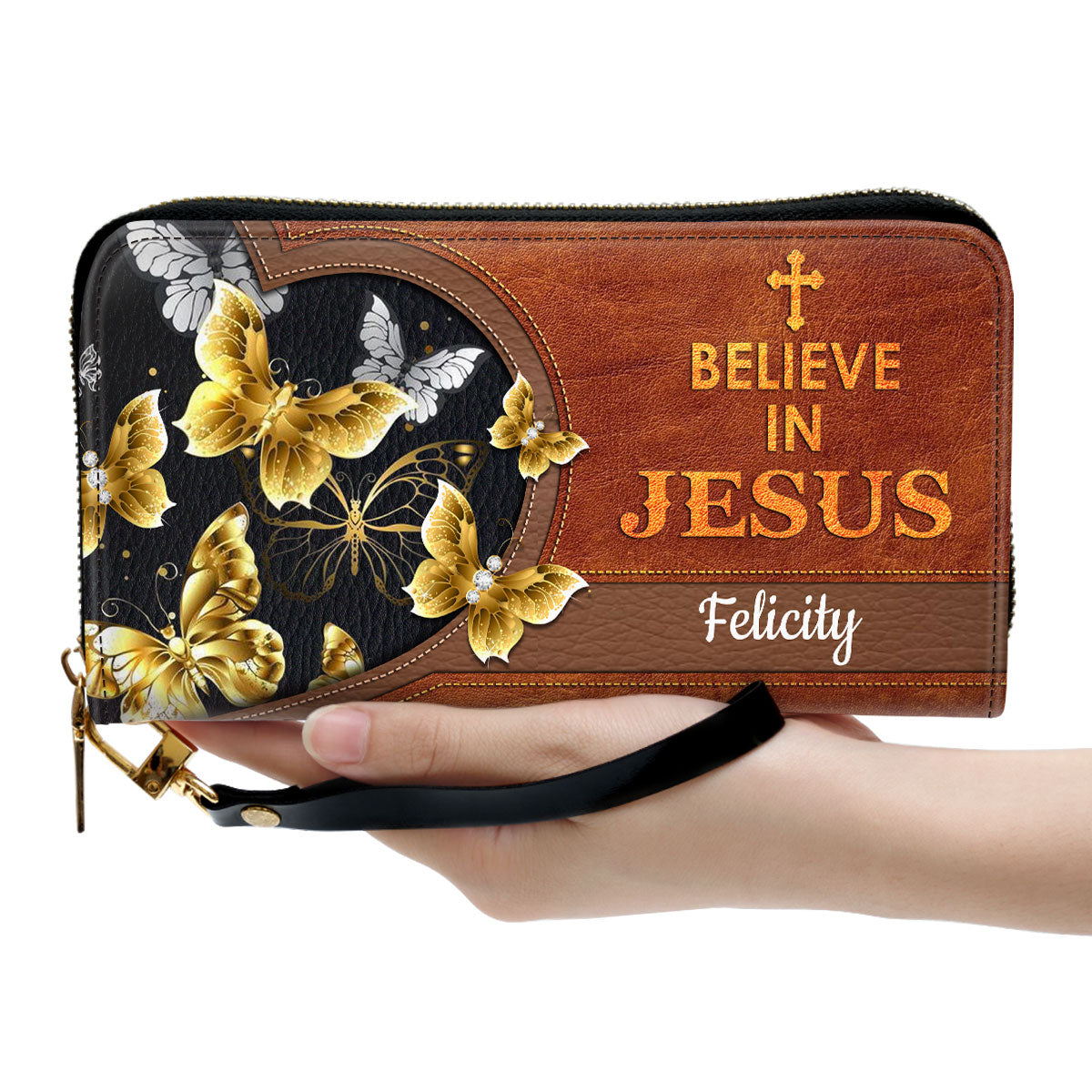 Butterfly Believe In Jesus Clutch Purse For Women - Personalized Name - Christian Gifts For Women