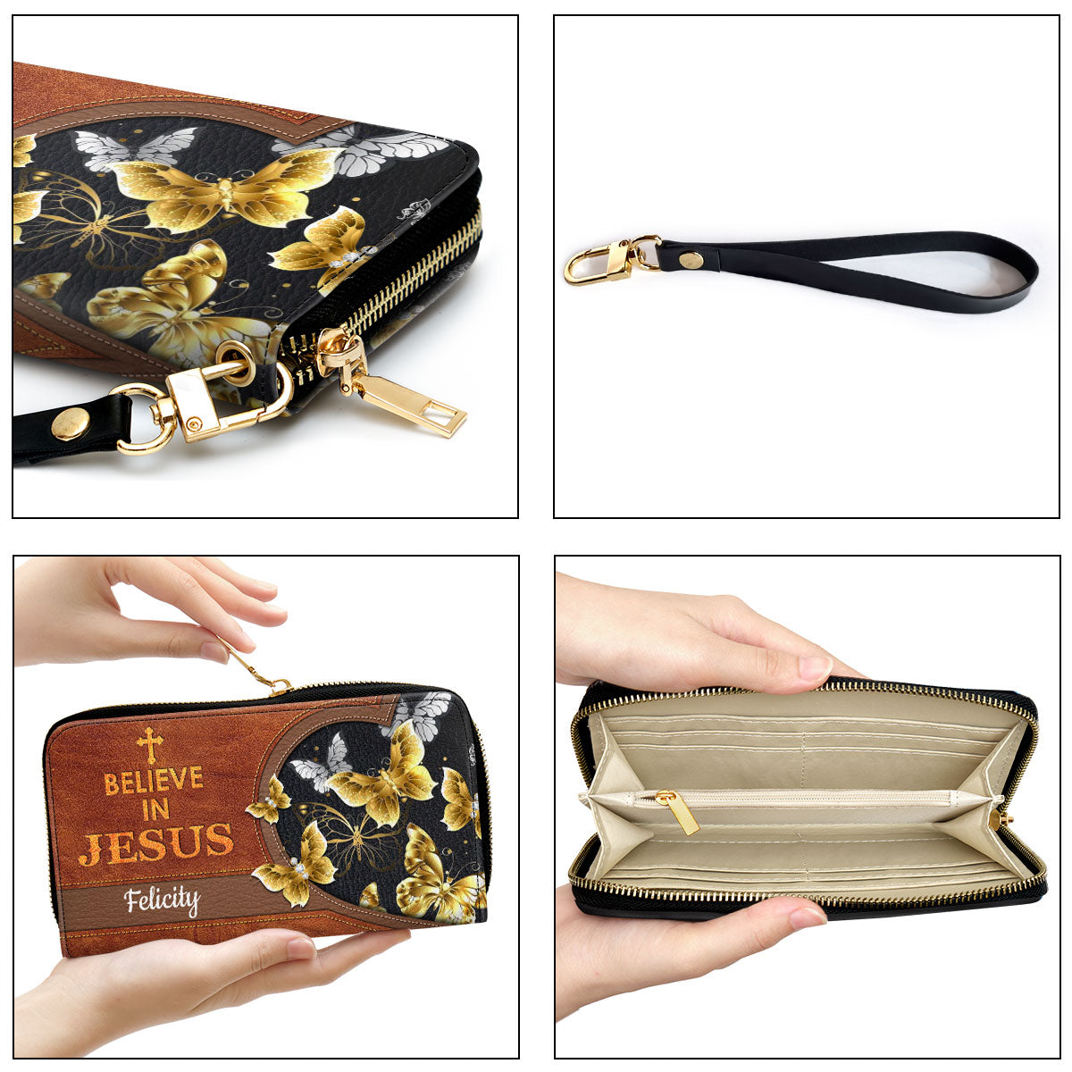 Butterfly Believe In Jesus Clutch Purse For Women - Personalized Name - Christian Gifts For Women