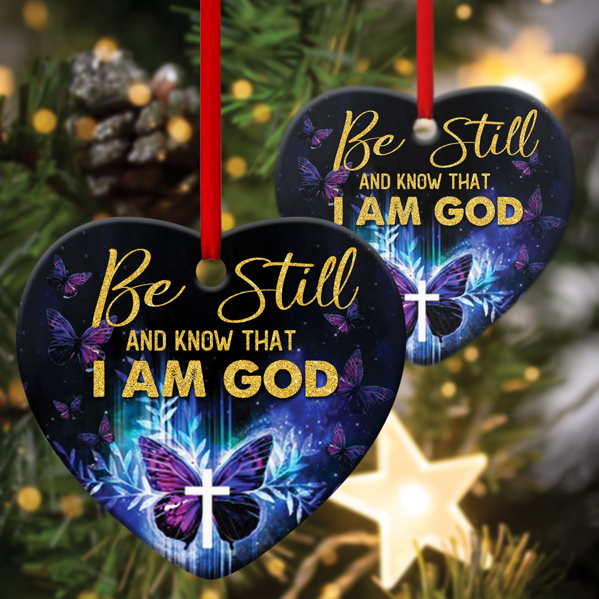 Butterfly Ceramic Heart Ornament - Believe In God - Christmas Decor - Funny Ornament