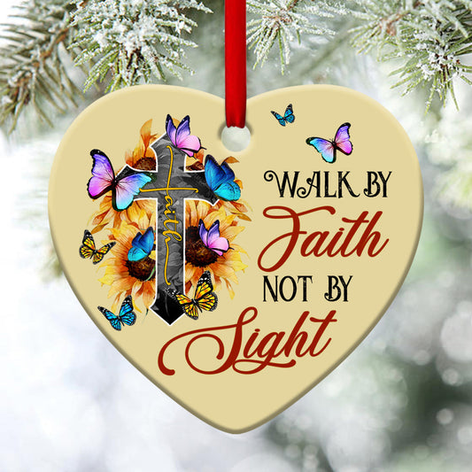 Butterfly Ceramic Heart Ornament - For We Walk By Faith - Nativity Ornaments - Christian Gift For Friends