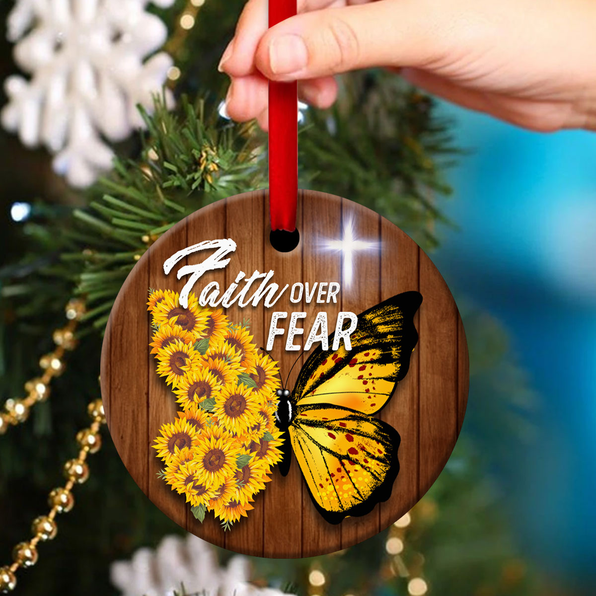 Butterfly Christian Ceramic Circle Ornament - Faith Over Fear - Christian Gift For Friends - Unique Gifts