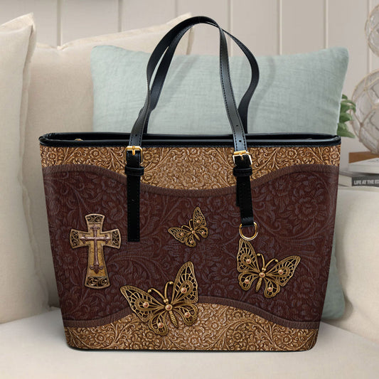 Butterfly Cross Large Pu Leather Tote Bag For Women - Mom Gifts For Mothers Day