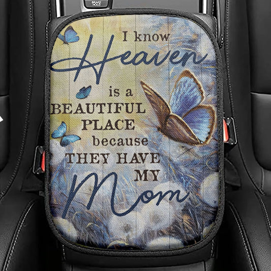 Butterfly Dandelion Field I Know Heaven Is A Beautiful Place Seat Box Cover, Christian Car Center Console Cover, Religious Car Interior Accessories