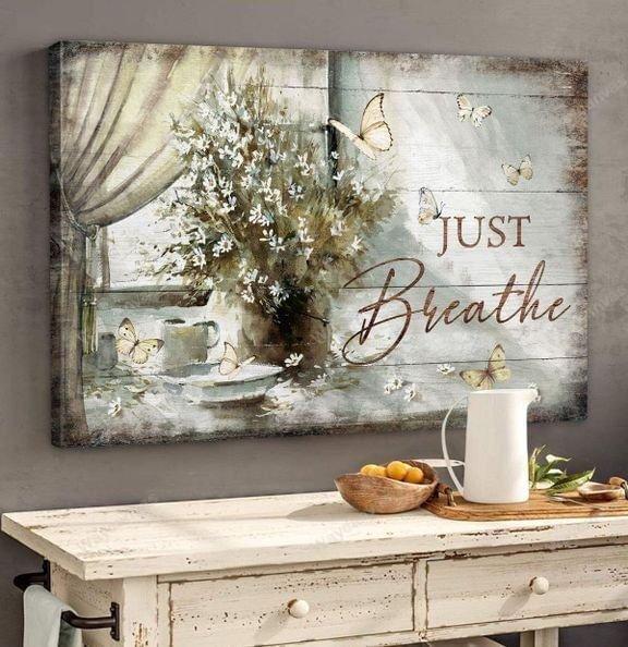 Butterfly Flower Jesus Just Breathe Canvas Wall Art - Christian Poster - Religious Wall Decor