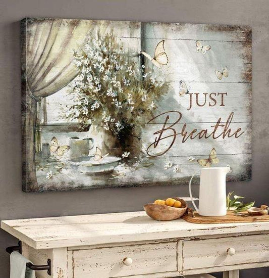 Butterfly Flower Jesus Just Breathe Canvas Wall Art - Christian Poster - Religious Wall Decor