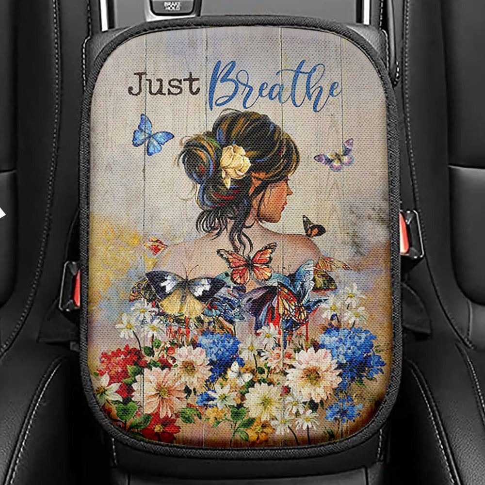 Butterfly Flowers Garden Just Breathe Seat Box Cover, Christian Car Center Console Cover, Bible Verse Car Interior Accessories