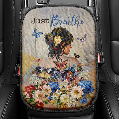 Butterfly Flowers Garden Just Breathe Seat Box Cover, Christian Car Center Console Cover, Bible Verse Car Interior Accessories