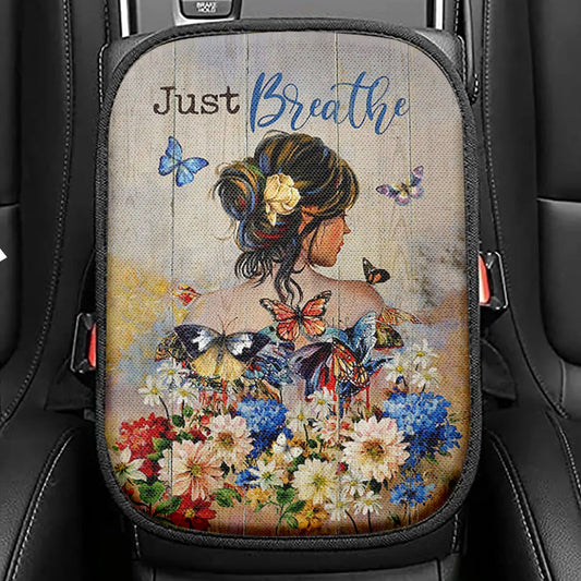 Butterfly Flowers Garden Just Breathe Seat Box Cover, Christian Car Center Console Cover, Bible Verse Car Interior Accessories