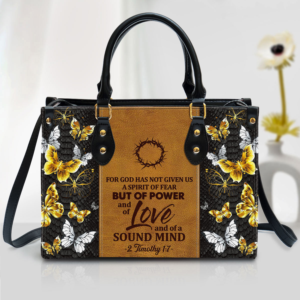 Butterfly For God Has Given Us A Spirit Of Power And Of Love Leather Handbag - Religious Gifts For Women