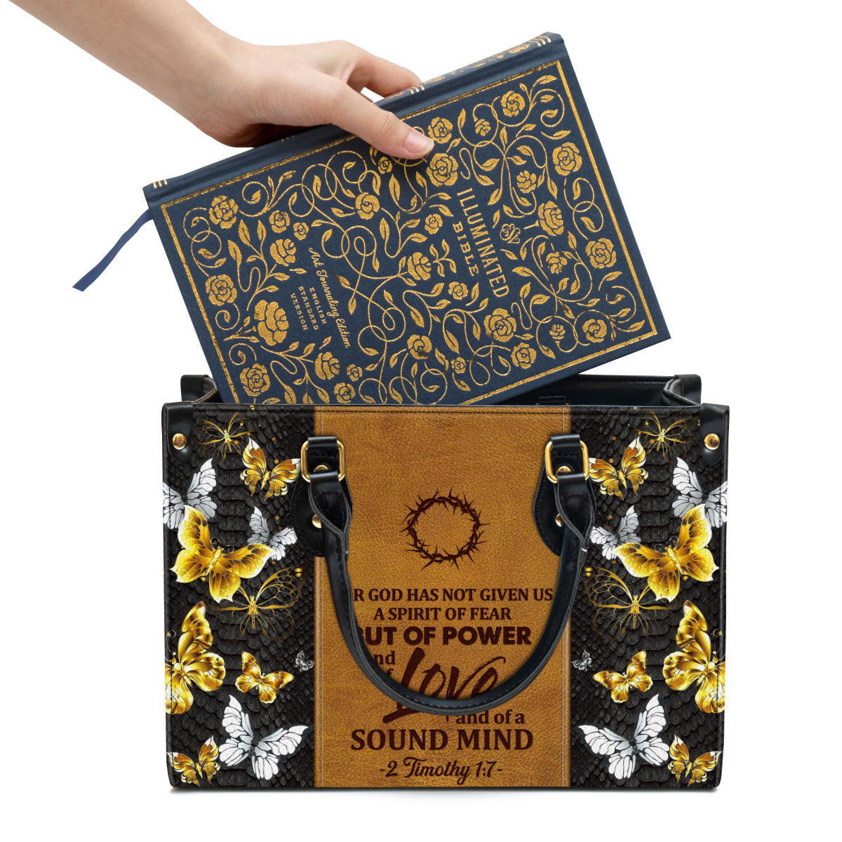 Butterfly For God Has Given Us A Spirit Of Power And Of Love Leather Handbag - Religious Gifts For Women