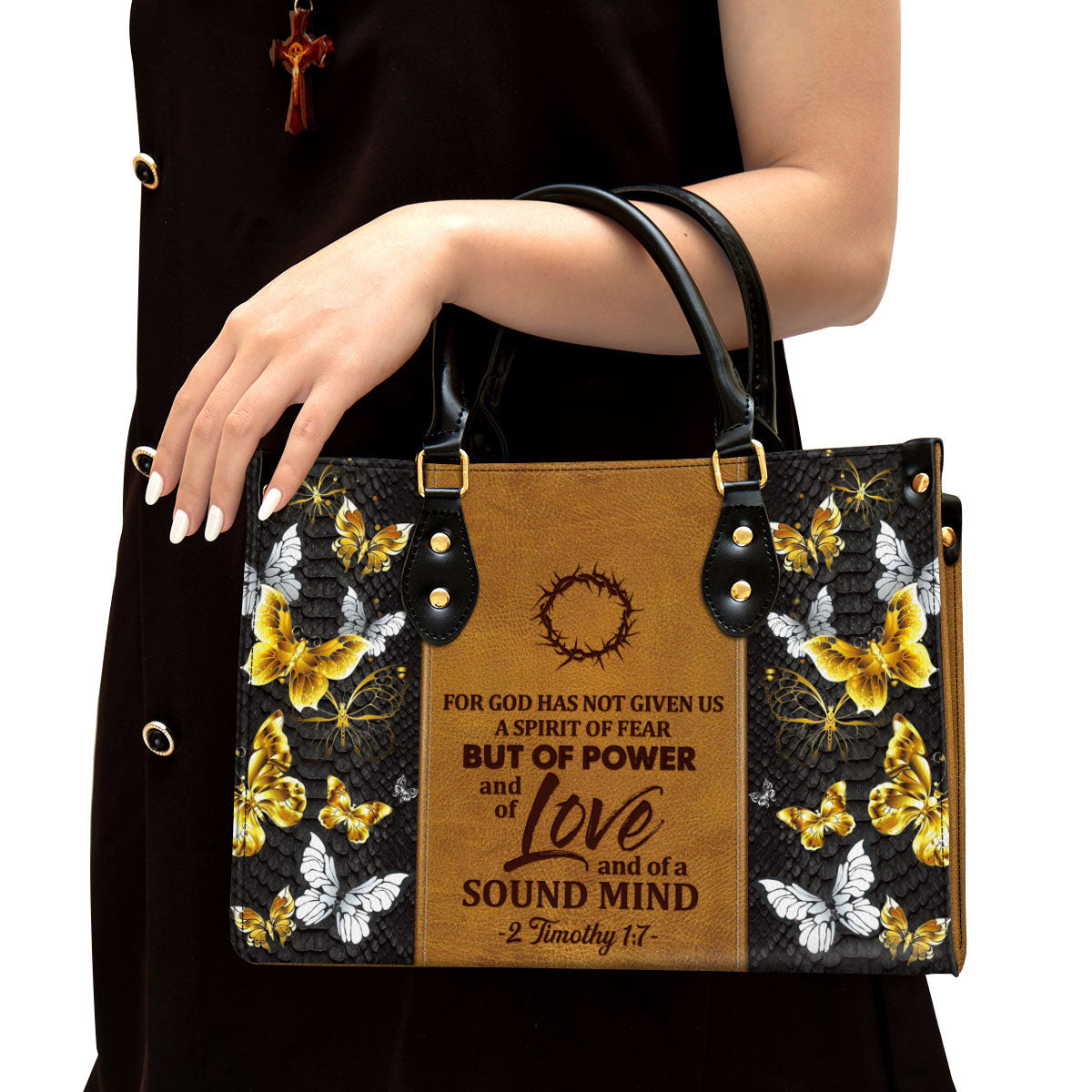 Butterfly For God Has Given Us A Spirit Of Power And Of Love Leather Handbag - Religious Gifts For Women