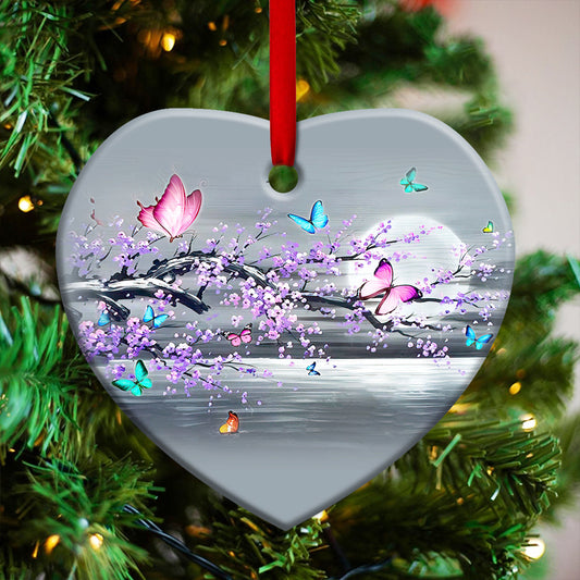 Butterfly Moon Branch Heart Ceramic Ornament - Christmas Ornament - Christmas Gift