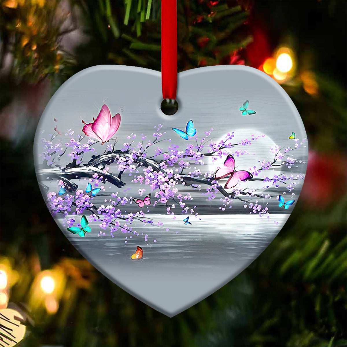 Butterfly Moon Branch Heart Ceramic Ornament - Christmas Ornament - Christmas Gift