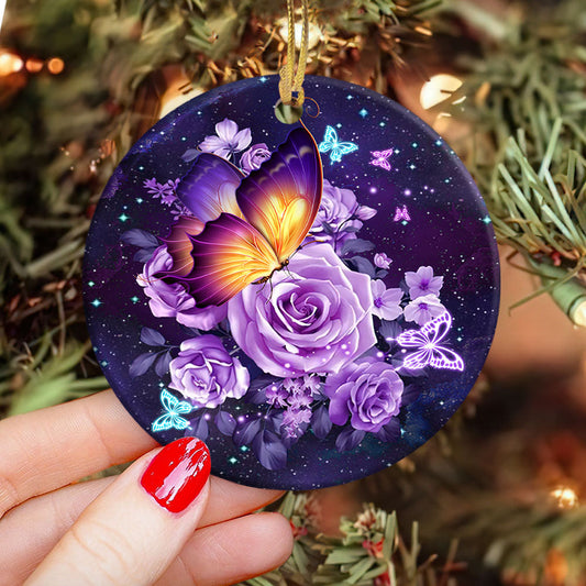 Butterfly Purple Flowers Circle Ornament - Christmas Ornament - Ciaocustom