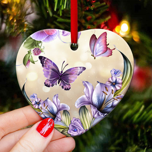 Butterfly Purple Flowers Heart Ornament - Christmas Ornament - Ciaocustom