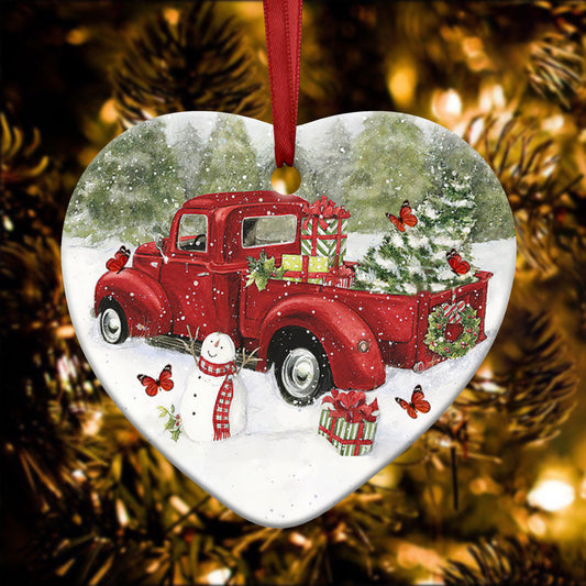 Butterfly Red Truck Memory Heart Ceramic Ornament - Christmas Ornament - Christmas Gift