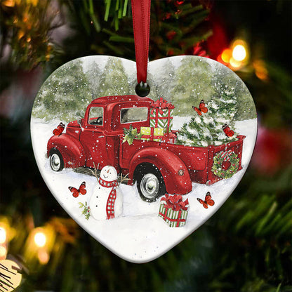 Butterfly Red Truck Memory Heart Ceramic Ornament - Christmas Ornament - Christmas Gift