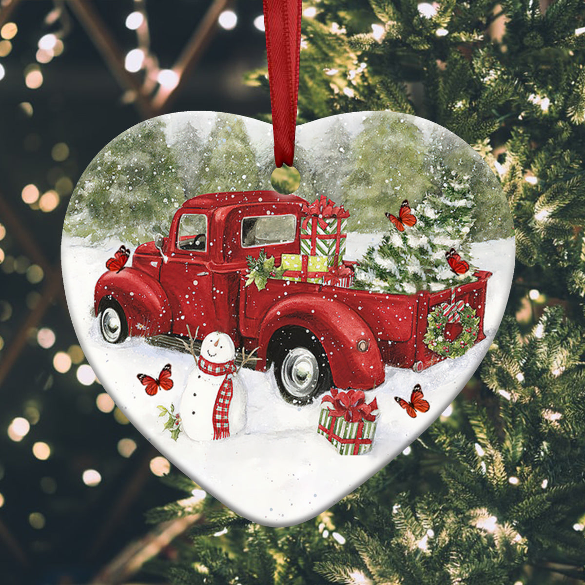 Butterfly Red Truck Memory Heart Ceramic Ornament - Christmas Ornament - Christmas Gift