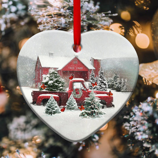 Butterfly Red Truck Snow Christmas Heart Ceramic Ornament - Christmas Ornament - Christmas Gift