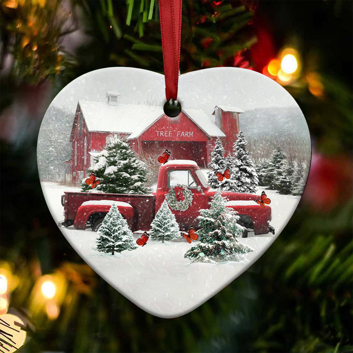 Butterfly Red Truck Snow Christmas Heart Ceramic Ornament - Christmas Ornament - Christmas Gift