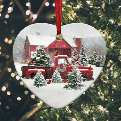 Butterfly Red Truck Snow Christmas Heart Ceramic Ornament - Christmas Ornament - Christmas Gift