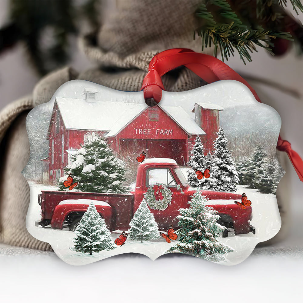 Butterfly Red Truck Snow Christmas Metal Ornament - Christmas Ornament - Christmas Gift