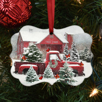 Butterfly Red Truck Snow Christmas Metal Ornament - Christmas Ornament - Christmas Gift