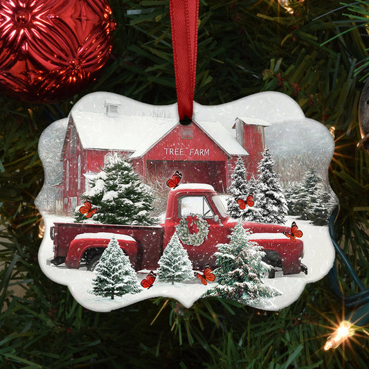 Butterfly Red Truck Snow Christmas Metal Ornament - Christmas Ornament - Christmas Gift