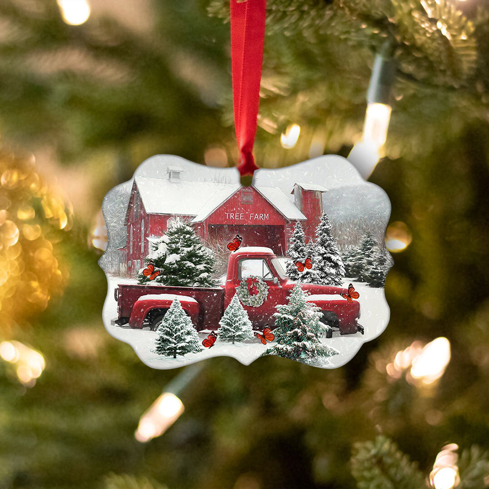 Butterfly Red Truck Snow Christmas Metal Ornament - Christmas Ornament - Christmas Gift