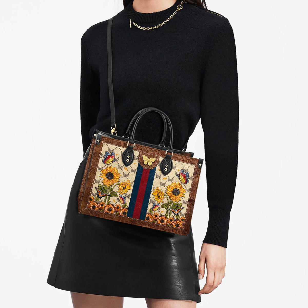 Butterfly Sunflower Leather Bag - Women's Pu Leather Bag - Best Mother's Day Gifts
