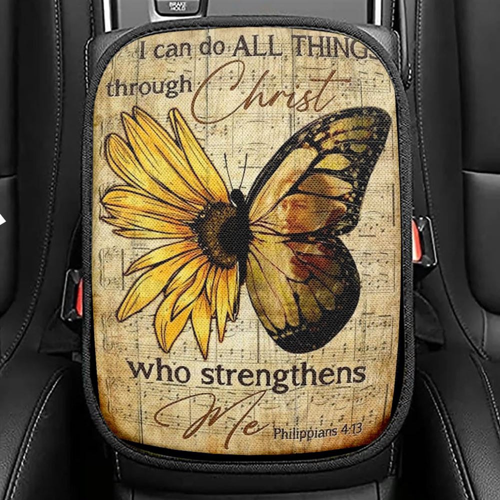Butterfly Sunflower Pattern I Can Do All Things Through Christ Car Center Console Cover, Christian Armrest Seat Cover, Bible Seat Box Cover