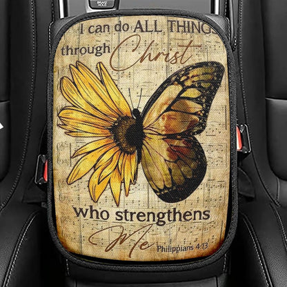 Butterfly Sunflower Pattern I Can Do All Things Through Christ Car Center Console Cover, Christian Armrest Seat Cover, Bible Seat Box Cover