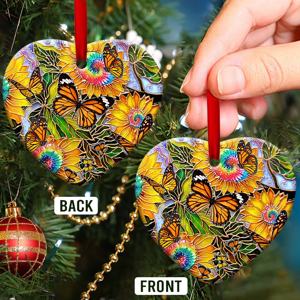 Butterfly Sunflower Tie Dye Heart Ornament - Christmas Ornament - Ciaocustom