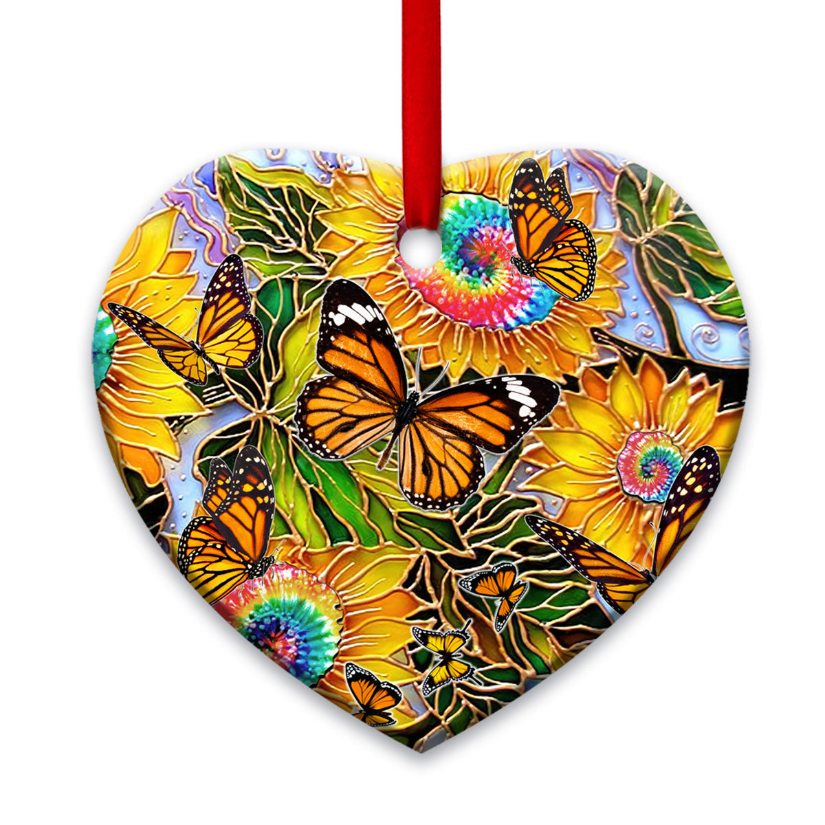 Butterfly Sunflower Tie Dye Heart Ornament - Christmas Ornament - Ciaocustom