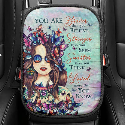 Butterfly You Are Braver Than You Believe Seat Box Cover, Christian Car Center Console Cover, Bible Verse Car Interior Accessories