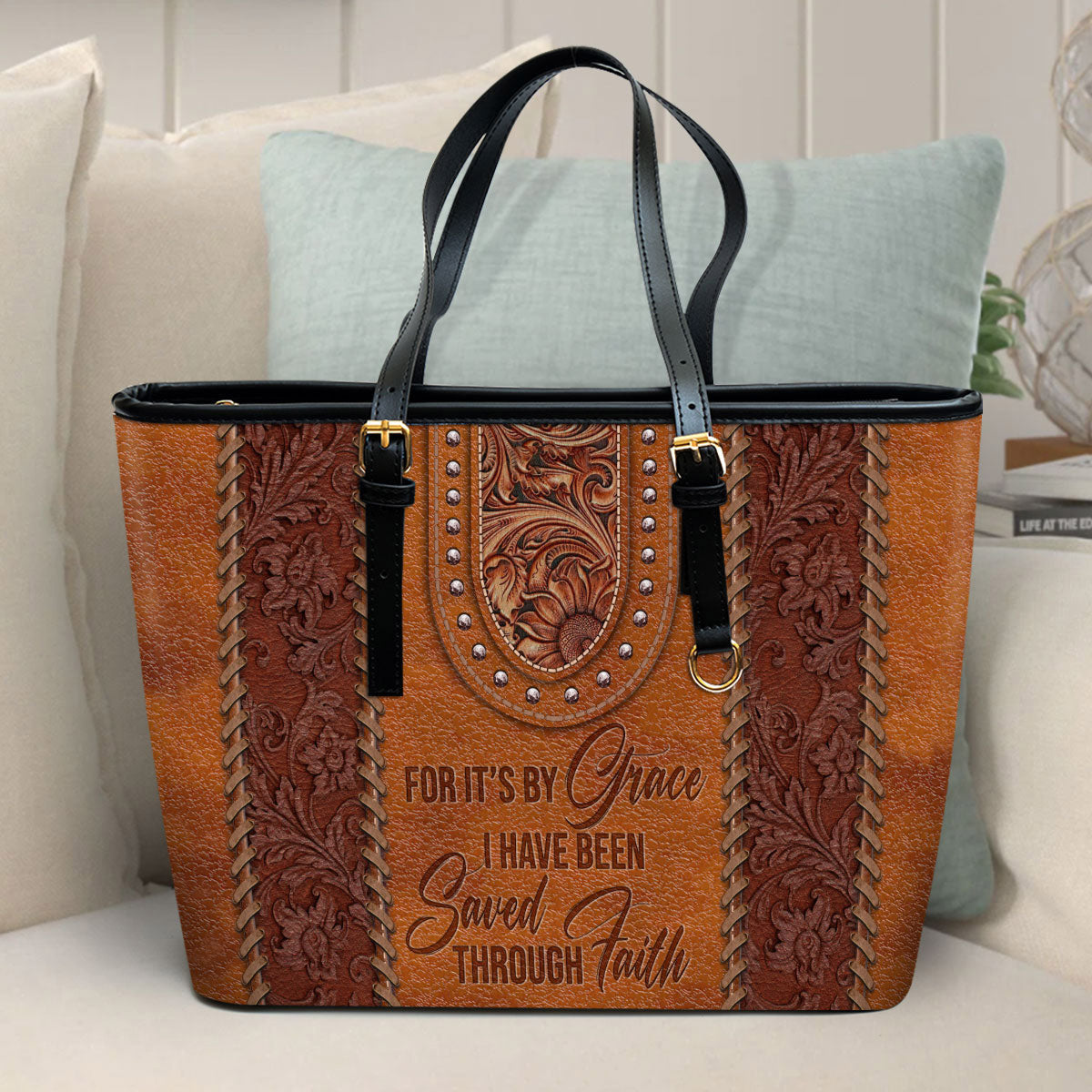 By Grace I Have Been Saved Through Faith Large Leather Tote Bag - Christ Gifts For Religious Women - Best Mother's Day Gifts