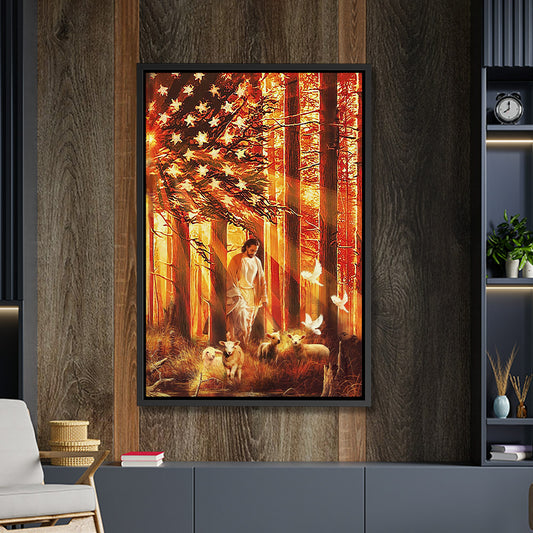 Walking With The Lambs - Jesus In Flag American - Jesus Canvas Art - Jesus Poster - Jesus Canvas - Christian Gift - Ciaocustom