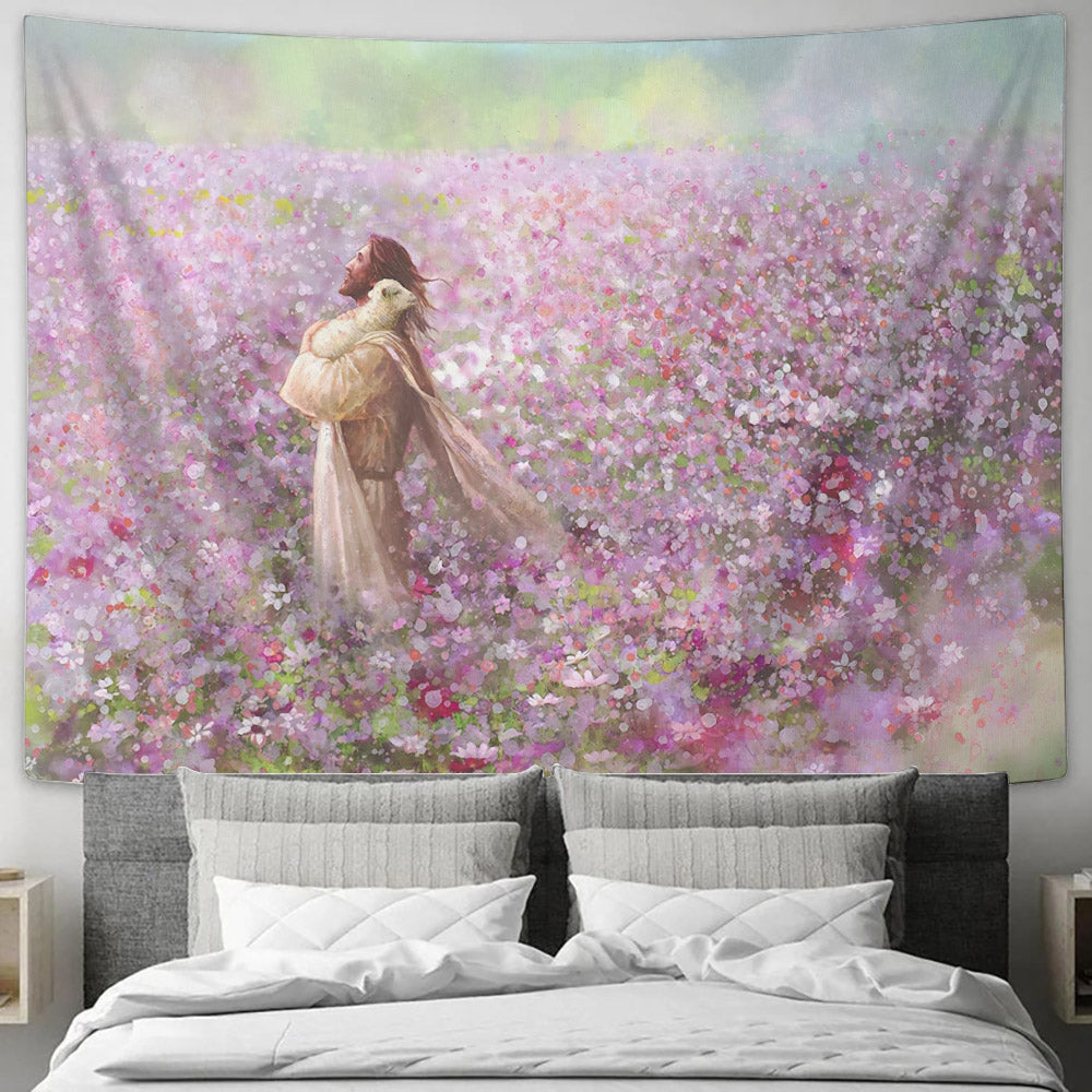 Jesus Holding Lamb Tapestry - Calming Embrace Large - Jesus Wall Tapestry - Christian Tapestry - Religious Tapestry Wall Hangings - Ciaocustom