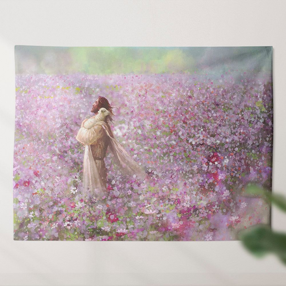 Jesus Holding Lamb Tapestry - Calming Embrace Large - Jesus Wall Tapestry - Christian Tapestry - Religious Tapestry Wall Hangings - Ciaocustom